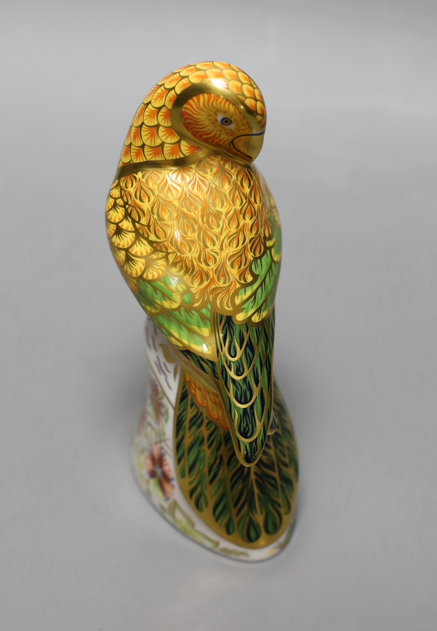 A Royal Crown Derby paperweight - Sun Parakeet, gold stopper, boxed, no certificate.